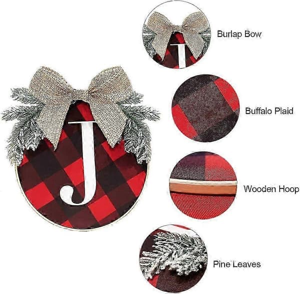 3 stk. julepynt, 34 cm ternet plaidkrans til hoveddør, rustik burlap træ julepynt rød sort julekrans
