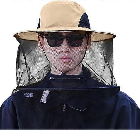Netthatt pustende mesh birøkterhatt med snøring anti-fluer solbeskyttelse sammenleggbar justerbar, beige