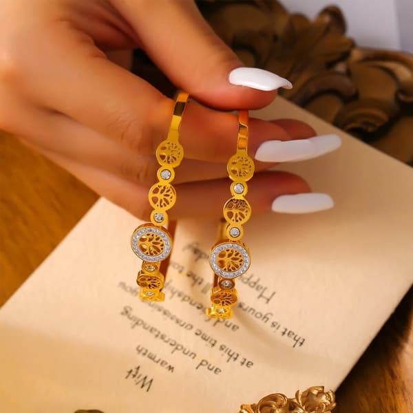 Dame 18K Guldbelagt Rustfrit Stål Livets Træ Zirkon Armbånd