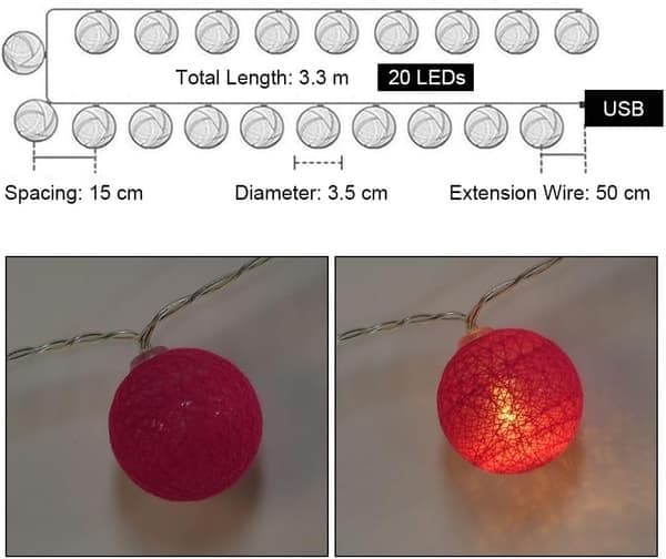Lyskæde bomuldskugler, 3,3 m, lysende USB vævede kugler, 20 LED lyskæde, farverig LED lyskæde til børneværelser, jul Pink USB