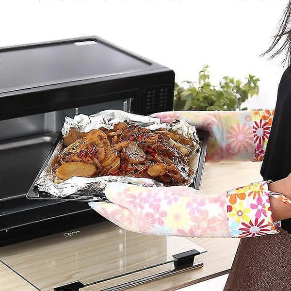 Värmebeständiga silikonhandskar Grytvantar med bomullsfoder Halkfria matlagningsgrillhandskar Grytlapp Köksbakhandskar 2Pcs Black