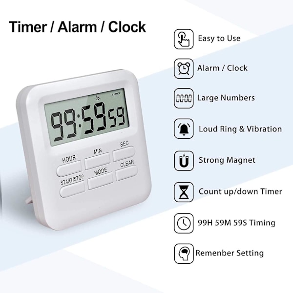 Digital timer med 3-i-1 ur/vækkeurfunktion, magnetisk køkkentimer, nedtællingsstopur