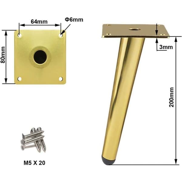 4 stk. skrå bordben, skabsben i metal, koniske møbelben, 201 rustfrit stål, guld, 20 cm højde