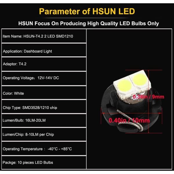 10-pack T4.2 2-LED-lampor, SMD 1210, 20 lm - extremt ljusa för bilinstrumentpaneler, 6500K vit