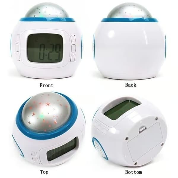 Väckarklocka med projektion, musik, stjärnhimmel, kalender, termometer, LED-display, larm och snooze-funktion.