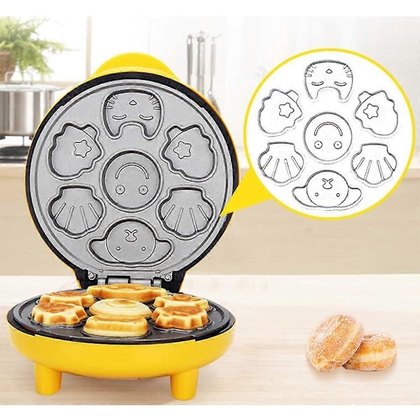 Mini vaffeljern med dyremotiver, laver 7 interessante specialformede pandekager, automatisk slukning, non-stick belægning, gul