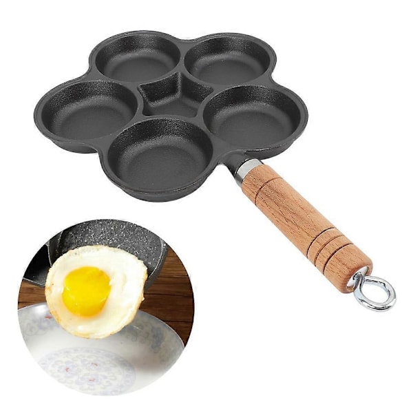 Støbejernspande, ubelagt morgenmadspande, non-stick omeletpande, fem-huls hamburgerform, ægge dumpling