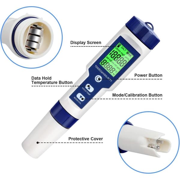 Elektronisk pH-tester, 5-i-1 bassengvanntester med bakgrunnsbelysning, pH/TDS/EC/salinitet/temperatur med ATC