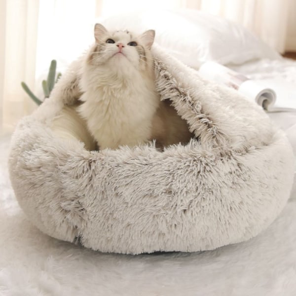 Plysch kattsäng varm mjuk säng för katter Små hundar Runt husdjursbo med lock Kattunge grotta Valp Kennaa 50*50CM