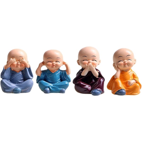 4 st söta Kung Fu munk staty miniatyr Buddha figurin vis figur baby liten munk skulptur samlarobjekt hantverk konst Zen prydnader dekoration present