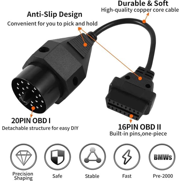 OBD-adapterkabel, 20-pin rund hann til 16-pin hunn OBD2-kontakt, kontakt for 20-pin OBDII diagnostisk skanner for BMW E36 E38 E39 E46 E53