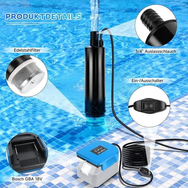 Dykpumpe - 1 enhed - Til Bosch 18V batteri - Flowhastighed 30 L/min - Have, Pool, Camping - Kompakt
