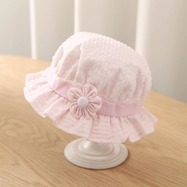 Solhatt för babyflickor, blomspetsbroderi sommar UPF50+ bredbrättad bucket-hatt semester strandhatt med elastiskt hakband