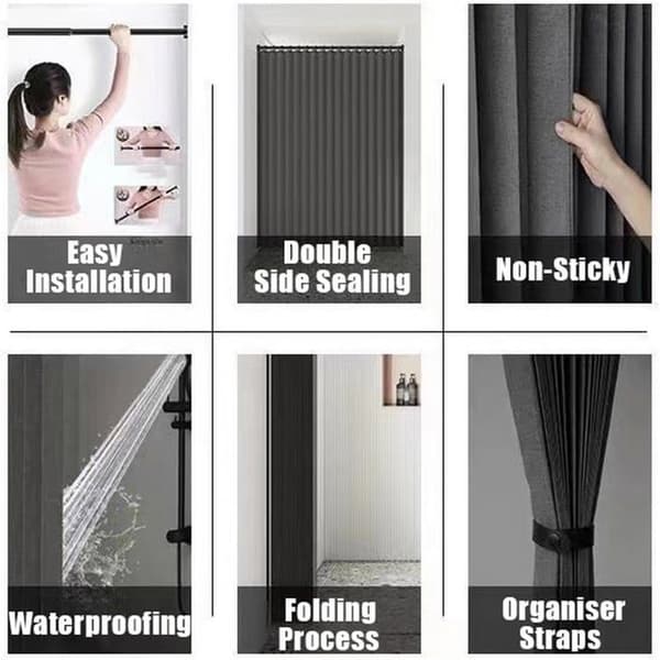 Foldbart badeforhæng - 1 stk. - Gråt linnedlook - Magnetisk stænktæt lukning - Badeværelse