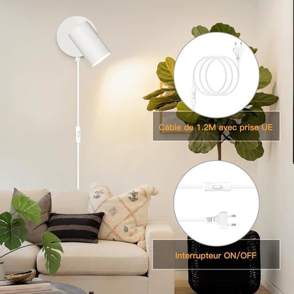 Vit vägglampa med stickkontakt för sovrum, GU10, 350° rotation, glödlampa ingår ej.