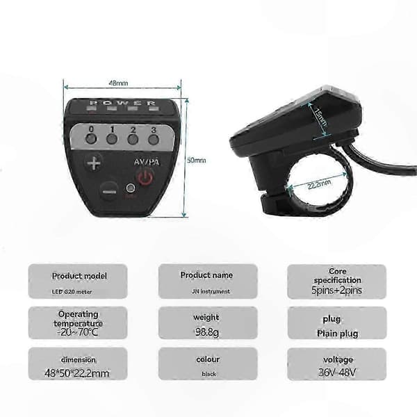 Ebike LED Display Kontrolpanel med 36V-48V Spænding og Vandtæt 5-Pin Stik