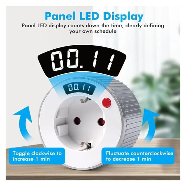 Timerplugg, AC230V 16A 3680W, LED-skjerm, 24-timers timer med 1-minutts intervall