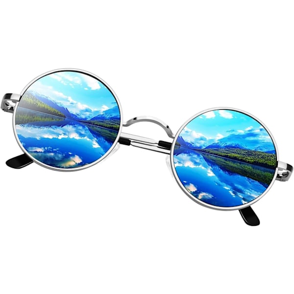 SDIGV Runde Solbriller Mænd Kvinder, Retro 70'er Polariserede Hippie Lennon Cirkel UV400 Herre Shades Silver Frame Blue
