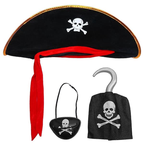 2025 3 stk. Halloween Pirathat Sæt Piratkostume Tilbehørssæt (Sort)