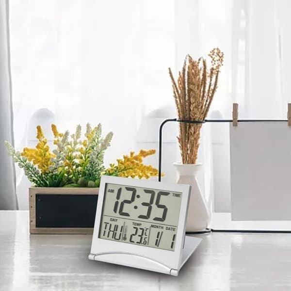 Vikbar LCD digital väckarklocka, bärbar hopfällbar digital LED-reseväckarklocka med datum, dag och tid för vardagsrum, kontor, sovrum