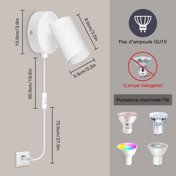 Vit vägglampa med stickkontakt för sovrum, GU10, 350° rotation, glödlampa ingår ej.