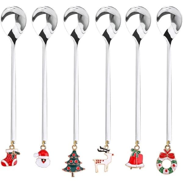 Jul-tesked, 6 jul-teskedar Silver julstål dessertsked, julgran med julhänge, älgmössa klocka, presentförpackning