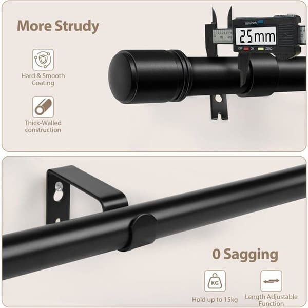 Svart Gardinstång - Set om 2 - Robust 25mm Metall - Utdragbar 80-148cm - För Vardagsrum, Sovrum, Kök