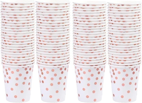 100 stk engangs papirkopper Rose Gull Prikker 9 Oz drikkekopper til julebryllup jubileumsbursdagsfest