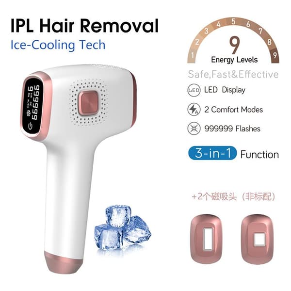 Intenst pulserende lys (IPL) hårfjerningsenhet med is-kjølesystem, 999 999 IPL-blink for permanent hårfjerning, 2 moduser, 9 energinivåer,