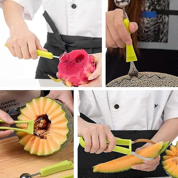 Melon Baller Scoop Sett, Profesjonell 4 i 1 Rustfritt Stål Vannmelonkutter Fruktutskjæring Frøfjerner Separator