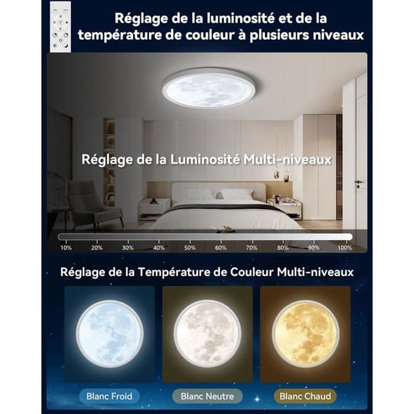 Månformad LED-taklampa, Ø30cm, Ultratunn vit, 3000-6500K dimbar, timer, IP44, för sovrum och hall