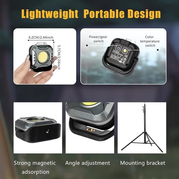 Campinglampe, 1200 mAh, oppladbar arbeidslampe, 650 lm, 6 moduser, for utendørsbruk, nødbelysning, reparasjon