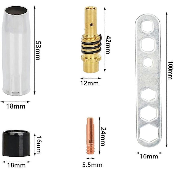 2 x AK-15 / MB-15 MIG MAG Svejsning Keglehætte/Dyse Tilbehør Sliddele, 10 x M6 0.88mm Svejsetips og 2 x Dyseholdere med Faste Fjedre (19 Stk)