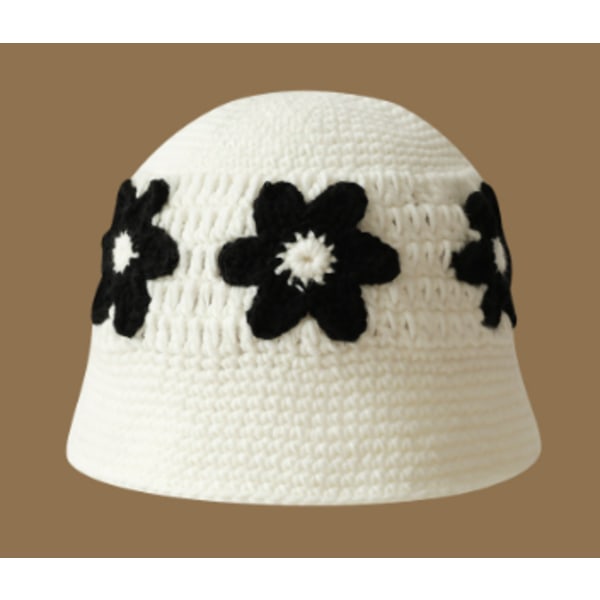 Virkad Bucket Hat för Kvinnor Trendig Stickad Blommig Slouchy Hat Söt Boho Blomma Handgjord Beanie Utomhus Boho Resa Fiskehatt Creamy white