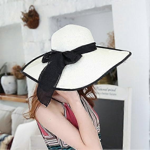 Bredbrättad Fedora Hatt för Kvinnor Bältesspänne Retro Panama Slokhatt White