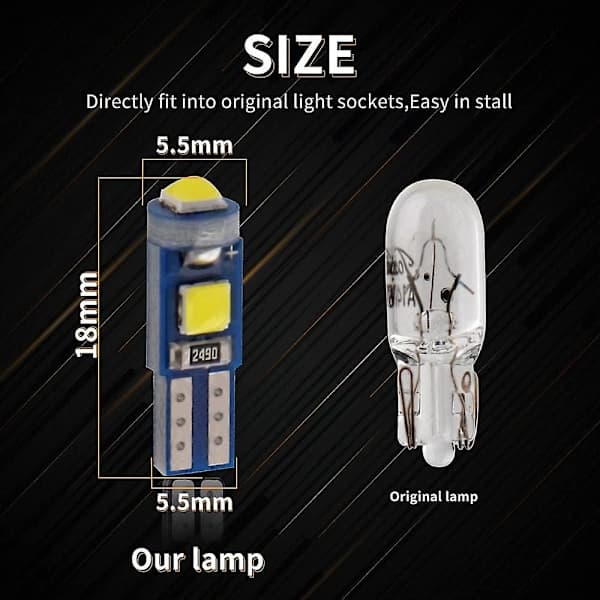 T5 LED-pærer i hvitt for bilens dashbord og speedometer