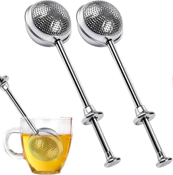 Sæt med 2 te-infusionsenheder, te-si, infusionsenhed, te-kugle-infusionsenhed i rustfrit stål med langt håndtag, si og filter til te