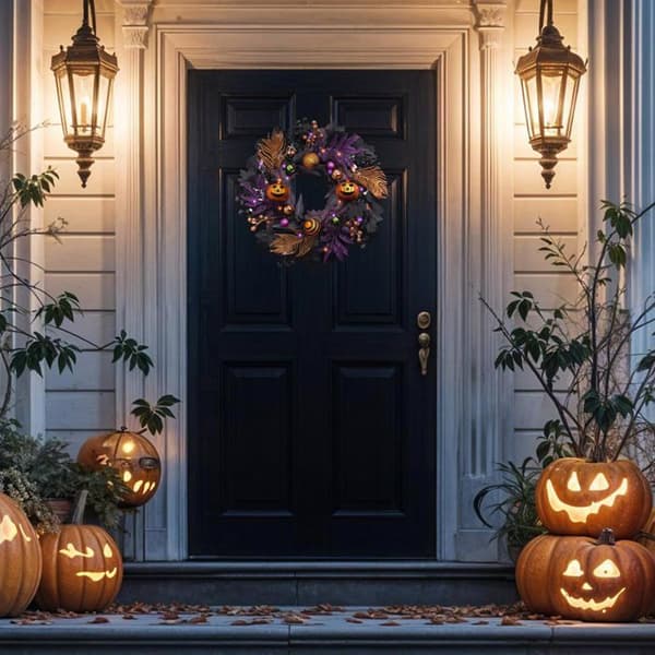45 cm (18 tommer) gresskarformet Halloween-krans, ideell for dekorasjon av inngangsdør og perfekt til Halloween.