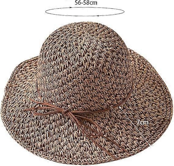Solhat til kvinder, foldbar stråhat med bred skygge, solhat med sløjfe, justerbar strandhat, elegant bucket hat Coffee