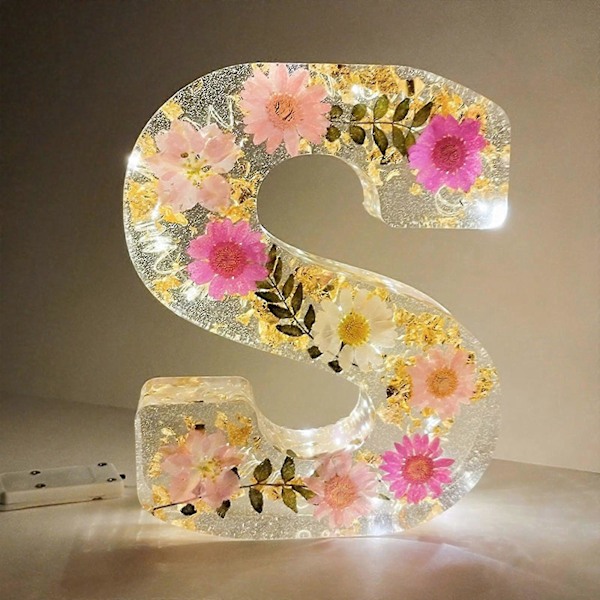 Blomster Resin Natlampe, Pressede Blomster Resin Bogstaver m/ LED Lys Gave til Hende - Yvan S