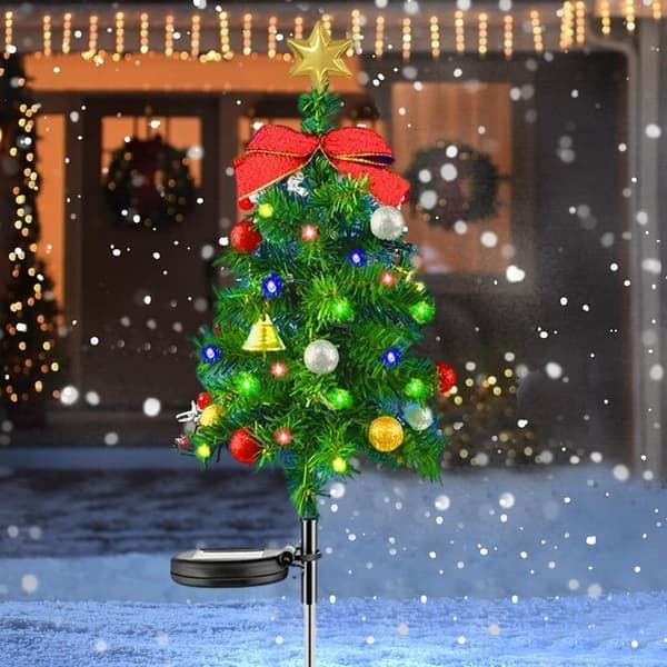 2-pakning solcelledrevne juletre utendørsdekorasjoner, 2 moduser trelys med dekorasjon LED-plugg