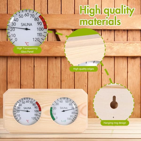 2-i-1 bastutermometer, trä-termometer-hygrometer, hög precision, trähygrometer för bastu (Fahrenheit), tillbehör för bastu och ångbastu
