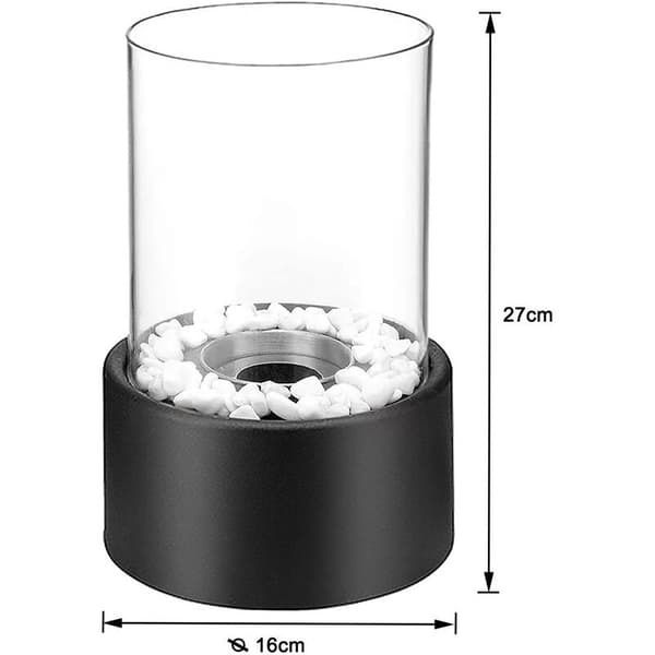 Bordplade bioethanol pejs, 16 cm diameter. Glasfiberbrænder. Hærdet glas og rustfrit stål. Til indendørs og udendørs brug.