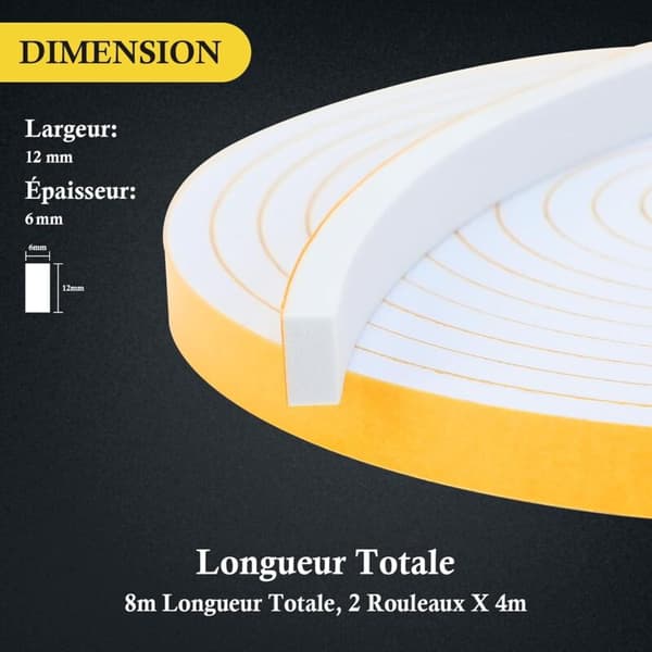 Selvklebende vindusisolasjonstetning - Skumgummi dørpakning - 2 ruller 12mm(B) x 6mm(H) x 4m(L) - Kulde- og støyisolasjon - Støtsikker for