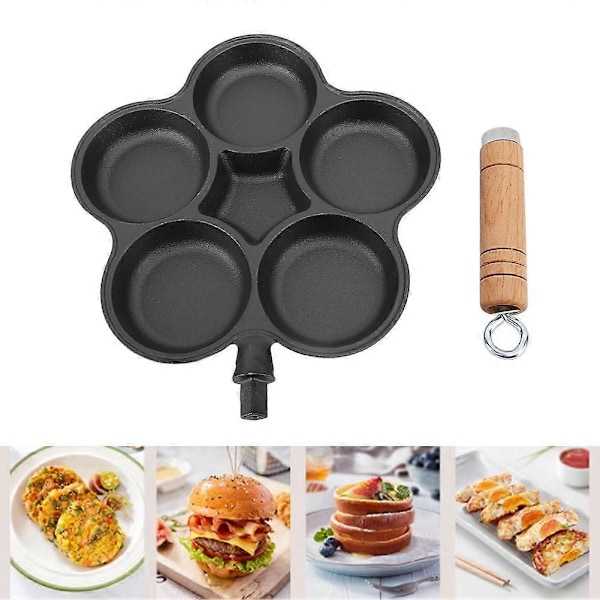 Støbejernspande, ubelagt morgenmadspande, non-stick omeletpande, fem-huls hamburgerform, ægge dumpling