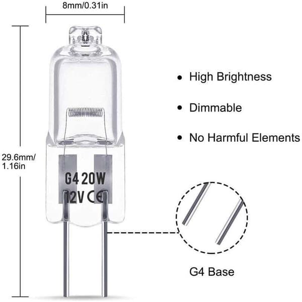 G4 12V 20W Halogenpærer - Varmhvit 2800K - Dimbar - Pakke med 10
