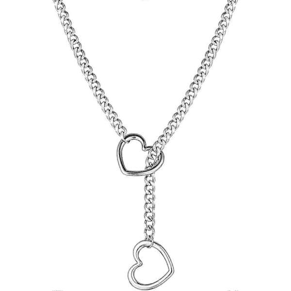 Hjerte O-ring Slip Chain Halskjede for Kvinner Rustfritt Stål Kubansk Kjede Hjerte Halskjede Punk Rock Krage Halskjede Håndlaget Justerbar Lariat Y Halskjede- Silver