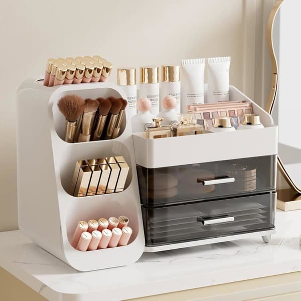 2-skuffers makeup-organizer - PET+ABS kosmetisk opbevaringsboks - Gennemsigtigt og robust design - Til badeværelset