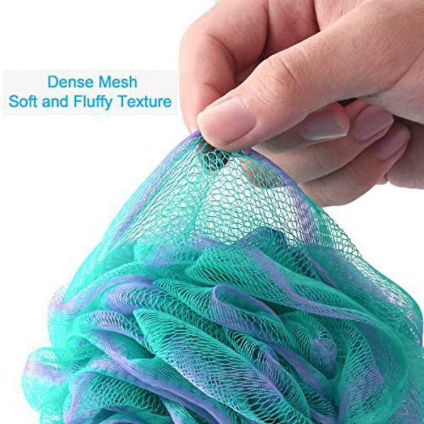 Splinternye, farverige loofah-svampebadebolde, sæt med 4.
