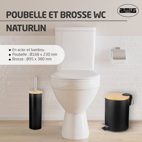 Affaldsspand og toiletbørsteholder sæt - 1 sæt - Stål og bambus - Kompakt mat sort design - Til badeværelset
